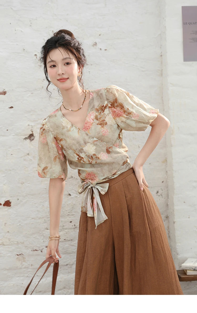 MISHOW French V-neck Floral Tops 2024 Summer Retro Short Sleeved Blouses Female Puff Sleeve Hem Strap One Piece Top MXD28X1619