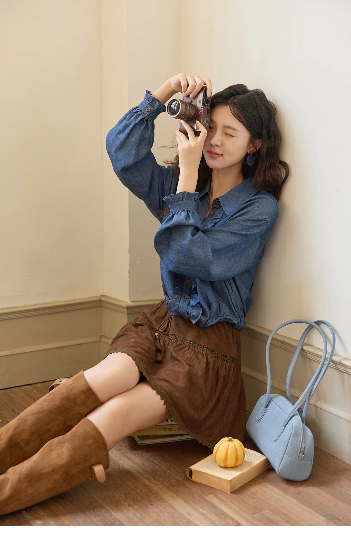 MISHOW Blue Lyocell Imitation Denim Shirt for Women Autumn 2025 Ruffled Placket Contrasting Button Waist Cinc Shirt MXE43C2386