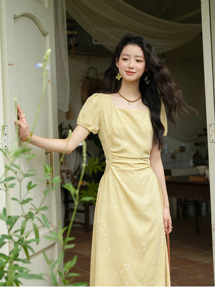 MISHOW Women's Clothing Fashion Square Neck Puff Sleeve Dress Summer 2025 New Bamboo Leaf Jacquard Pattern Dresses MXE39L2415