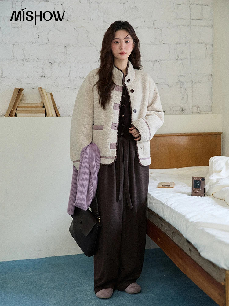 MISHOW Women Purple Coats 2025 Winter Luxury Turn-down Collar Double-sided Jacket Pocket Decoration Windproof Jacket MXE87W0940