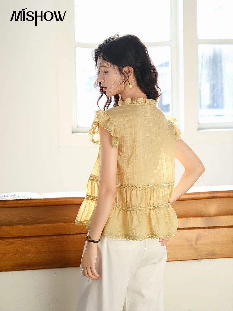 MISHOW Women's Summer Shirt 2025 New Wood Ear V-neck Flying Sleeve Shirt Casual Wrinkle Spliced Button Ladies Top MXE37X1908