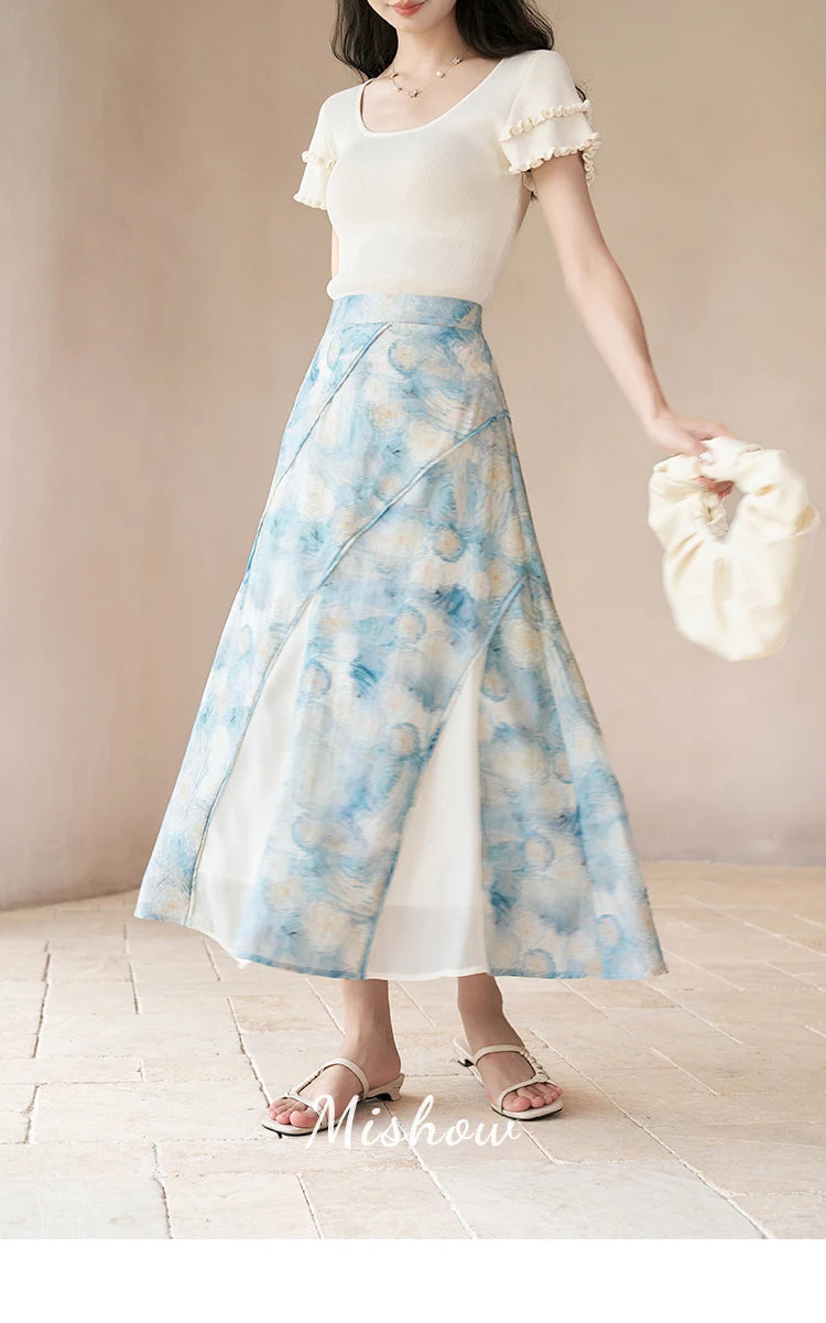 MISHOW French Skirts of Women Fashion 2023 [Van Gogh Collection] Art Pleated High Waist Slim Fit Female A-LINE Skirts MXC39B0095