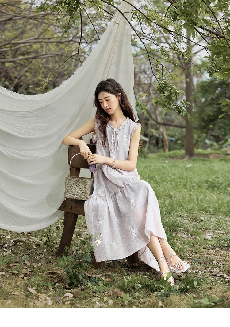 MISHOW Summer Embroidered Dress for Women 2025 New Round Neck Ruffled Sleeveless A-line Midi Dresses Female Fashion MXE33L2231