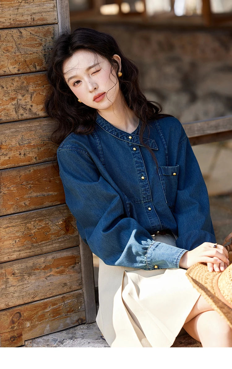 MISHOW 100 Cotton Denim Shirt French Retro Long Sleeved Shirt for Women 2025 Spring Loose Fit O Neck Casual Shirt Top MXE12C0384