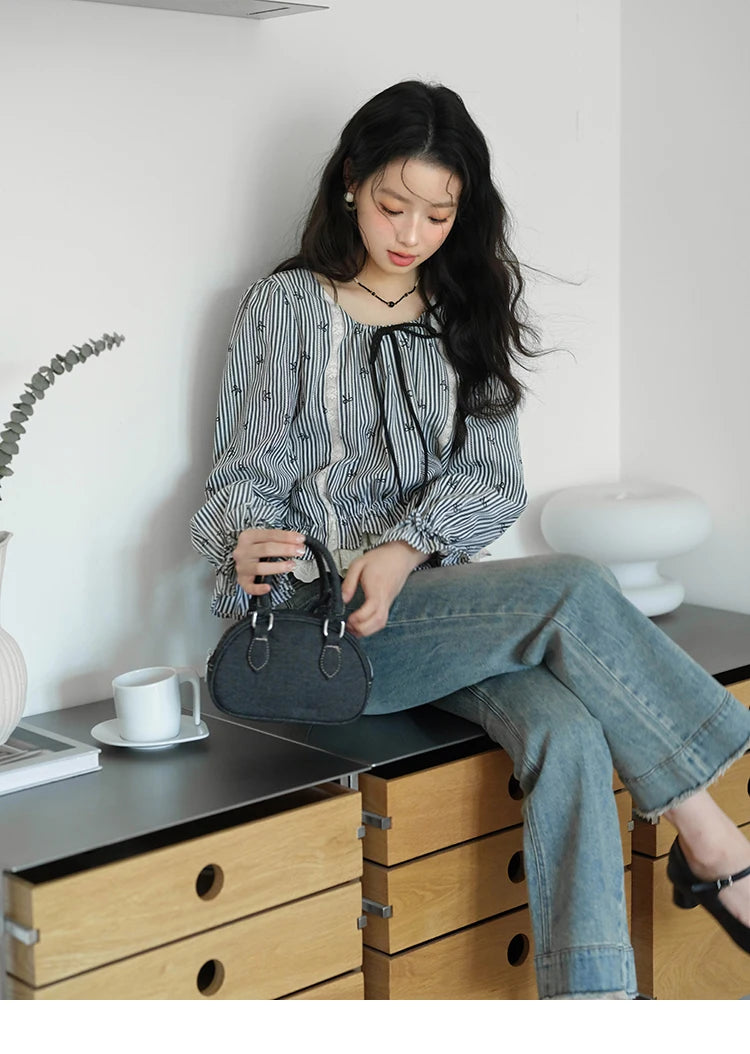 MISHOW Black Striped Blouse Lace-Up Bow Round Collar MXE41X1948