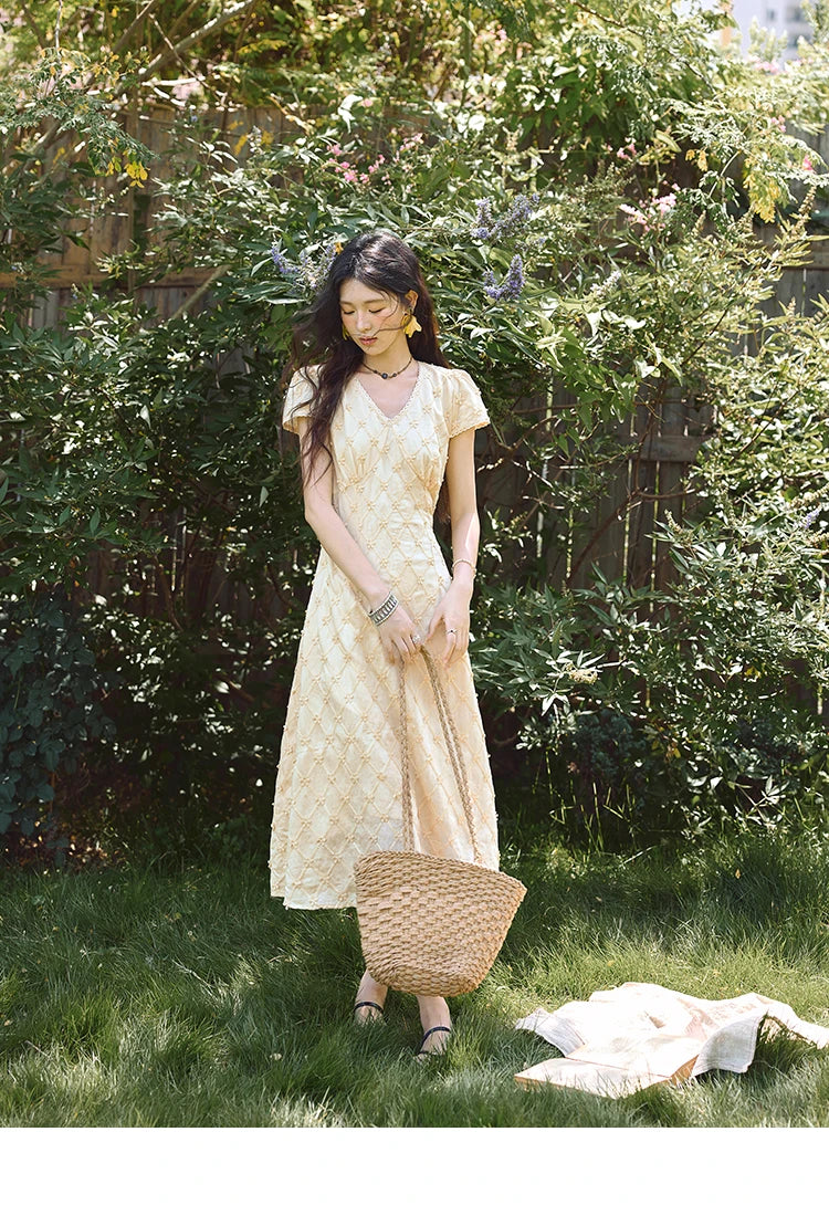 MISHOW Women's V-neck Lace Spliced Dress 2025 Summer New Embroidery Vacation French Style Jacquard Mid-Length Dresses MXE38L2378