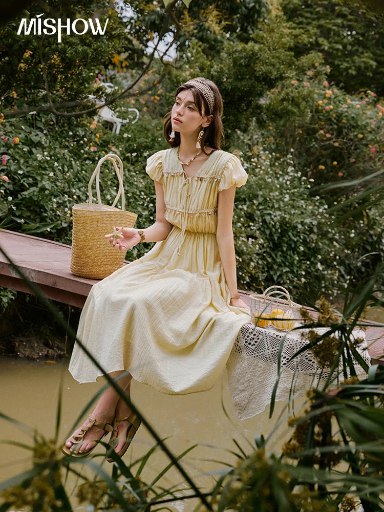 MISHOW Holiday Summer Dresses Women 2025 Solid V-neck Short Puff Sleeve Shell Ribbon High Waist Dress Woman Fashion MXE33L2193