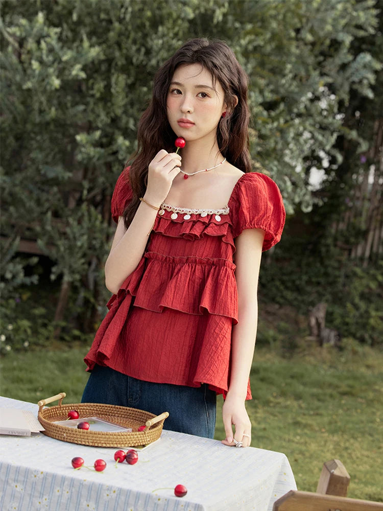 MISHOW Female Fashion Square Collar Loose Blouse 2025 Summer New Commute Puff Sleeve Tierred Top Women's Clothing MXE33X1763