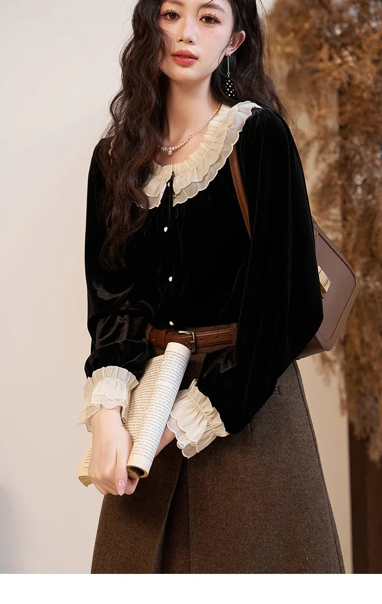 MISHOW French Retro Velvet Blouses for Women 2025 Autumn Winter Button Down O Neck Korean Long Sleeve Shirt Tops MXC51X1323