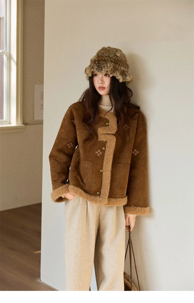 MISHOW Women Brown Jacket 2025 Winter Retro Stand Collar Single-Breasted Windproof Coat Comfortable Long-Sleeve Coat MXE86W0910