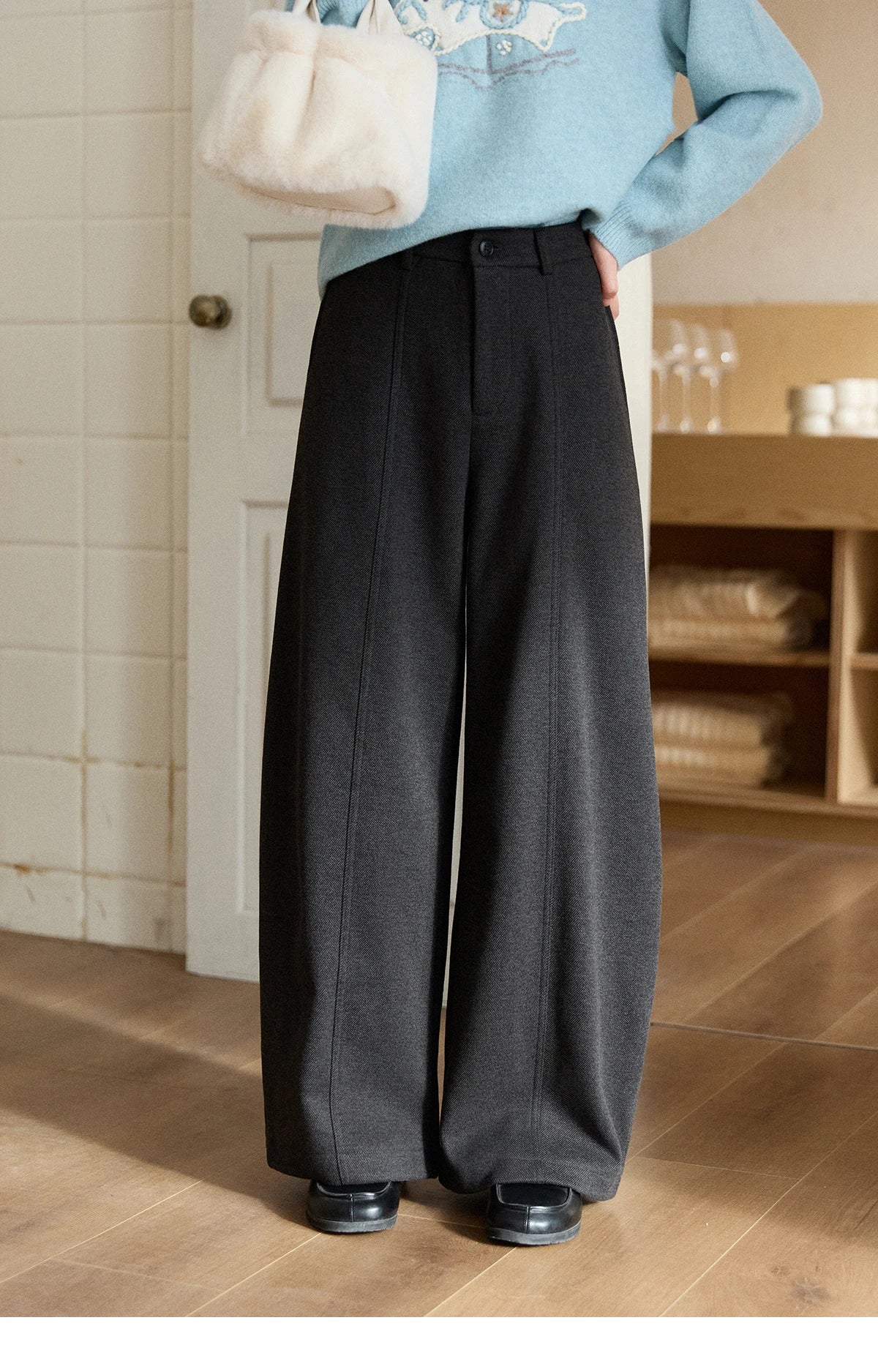 MISHOW Women's Gray Woolen Blend Wide-Leg Pants Winter High Waist Draped Straight Thick Back Elastic Waist Trousers MXE93K1143