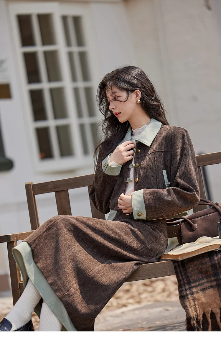 MISHOW Fragrant Jacket Rear Hem Slit Skirt Separately 2024 Winter Lapel Jackets Splicing Contrasting Leather Skirts MXD43W0444