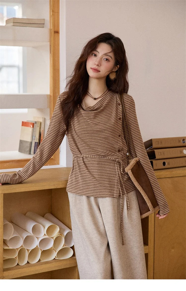 Mishow Retro Crew Neck Tie-Up Striped Top MXE87Z2700