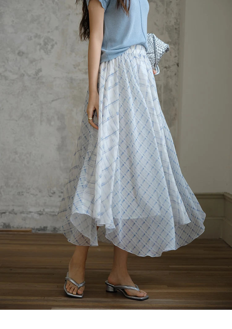 MISHOW Patchwork Plaid Chiffon Half Skirt for Women 2025 Summer Fashion Irregular Wave Edge High Waist A-line Skirt MXE34B0739