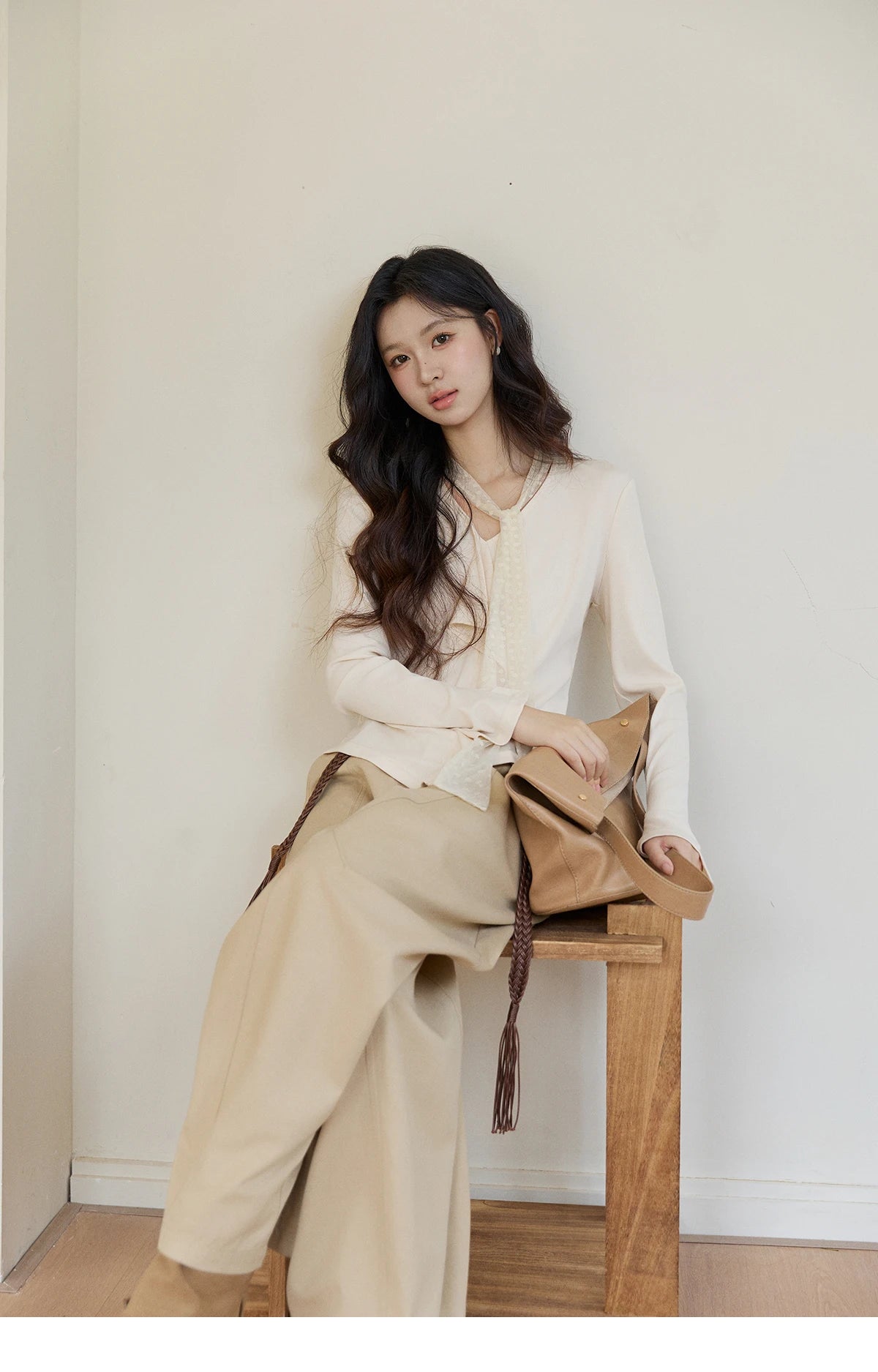 MISHOW Women's V-neck Splicing Lace Ribbon Long Sleeve Tops Spring Ruffled Asymmetrical Hem Flare Sleeve Knitwear MXF108Z1016