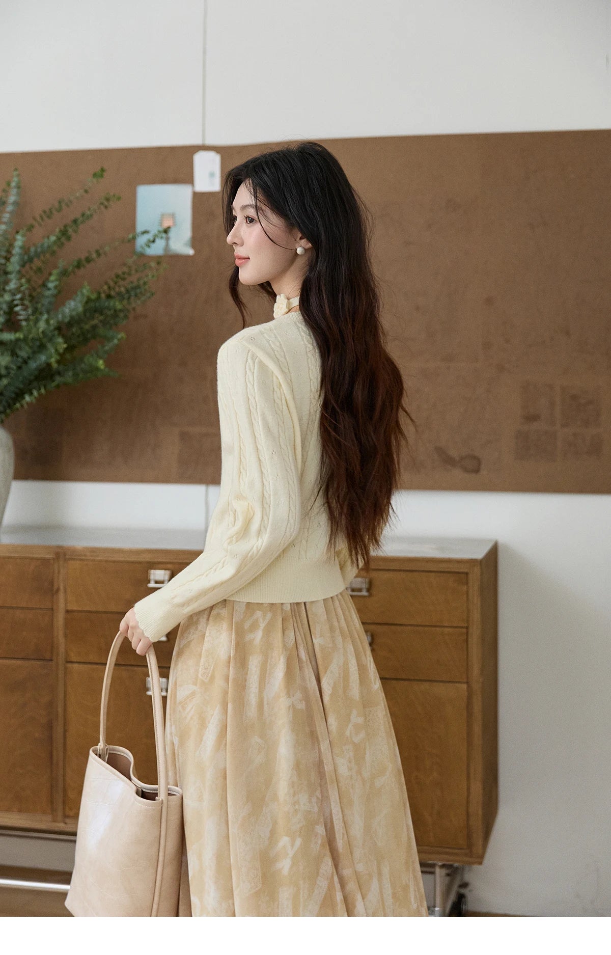 MISHOW Women's Beige Cable Knit Cardigan 2026 Spring Square Neck Long Sleeve Slim Casual Knitwear with Flower Ribbon MXF11Z2903