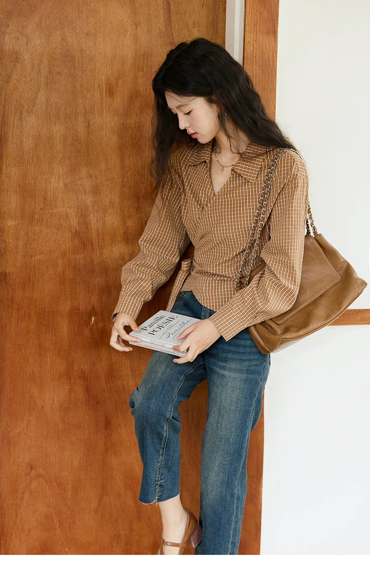 MISHOW Women's 100 Cotton Dark Orange Plaid Shirt  Autumn Design Side Waist Lace-up Long Sleeved Shirts Office Lady MXE46X2494