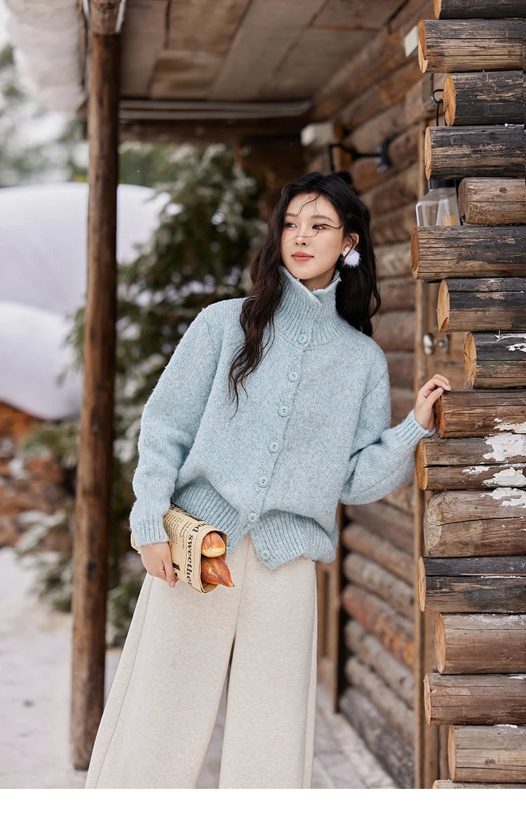 MISHOW Turn Down Collar Wool Blend Sweater Women Solid Single-breasted Tops Thickened Warm Versatile Knitted Cardigan MXD59Z1136