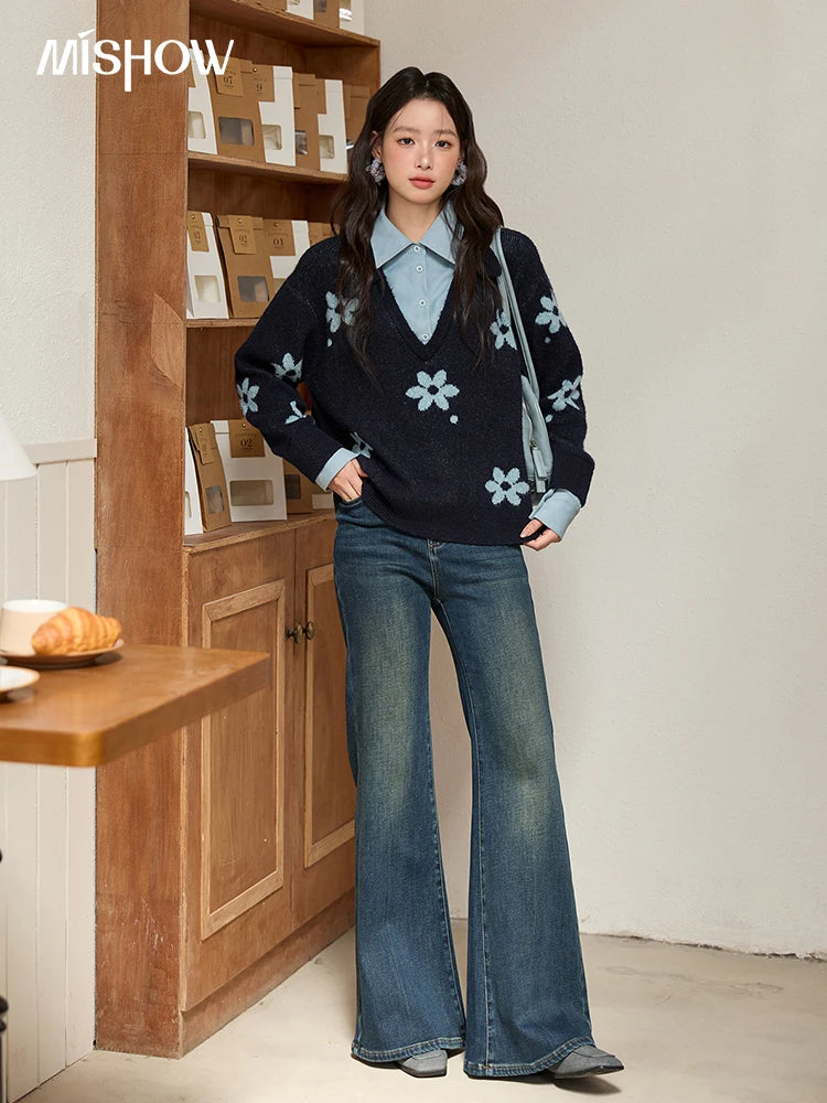 MISHOW Dark Blue Fake Two-piece Pullovers for Women 2025 Autumn Winter New Turn-down Collar Flower Pattern Sweater MXE51Z2554