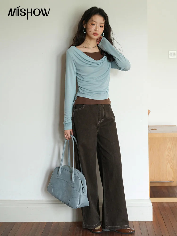 MISHOW Multi Colored Fake Two-piece Knitted Sweater 2025 Autumn Swinging Collar Casual Tops Contrasting Waist Top MXE42Z1341