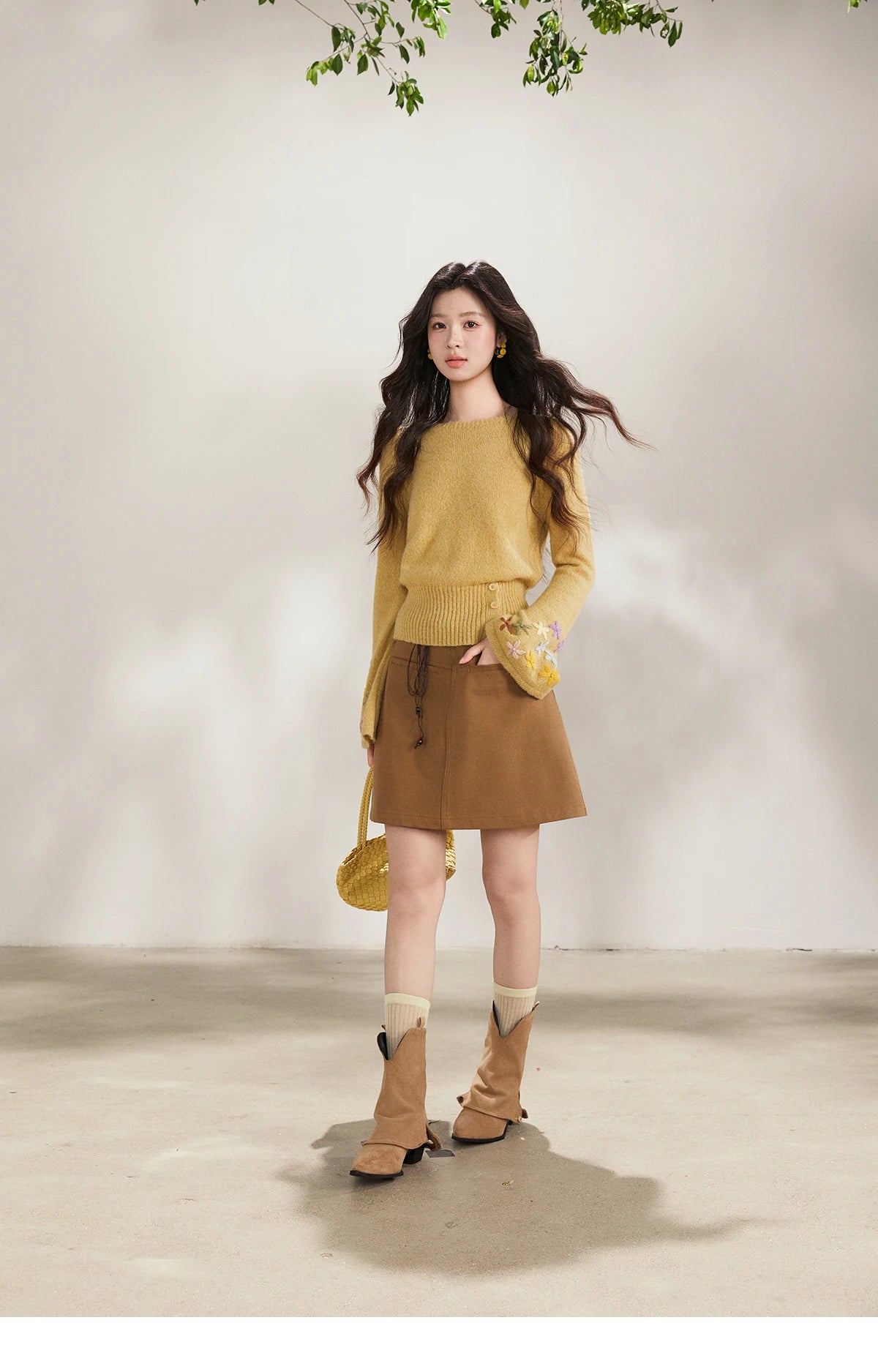 MISHOW Floral Embroidered Boat Neck Flare Sleeve Knit Tops 2026 Spring Side Button Slim Casual Soft Yellow Sweater MXE94Z2864