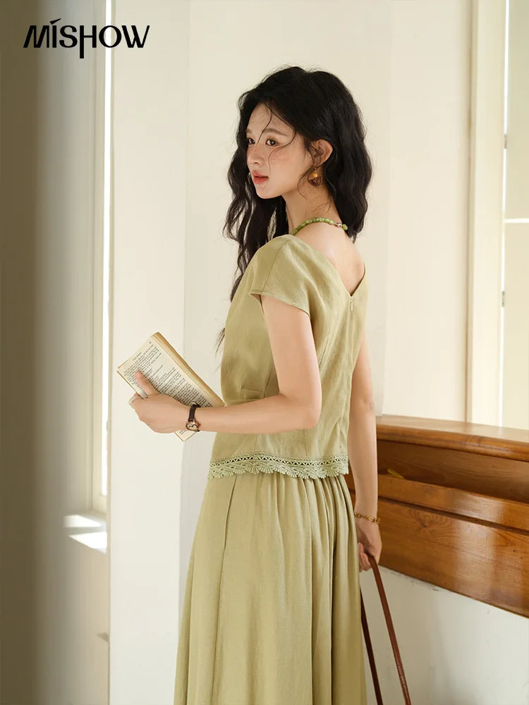 MISHOW Two-Piece Ladies Set 2025 Summer New Fashion V-neck Button Lace Hollow Out Spliced Top Pocket A-line Skirt Set MXE39T0665