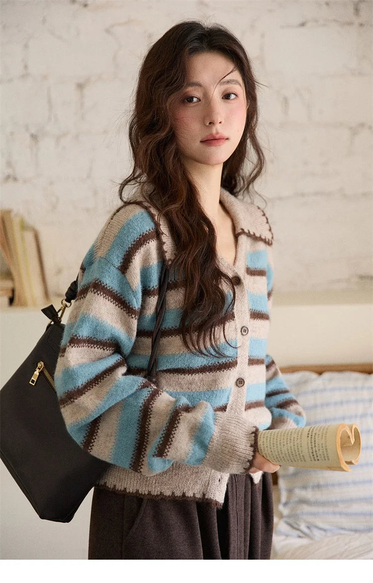 MISHOW Striped Cardigan for Women 2025 Winter Retro Unique Design V-neck Single-breasted Sweater Wool Long Sleeve Top MXE87Z2681