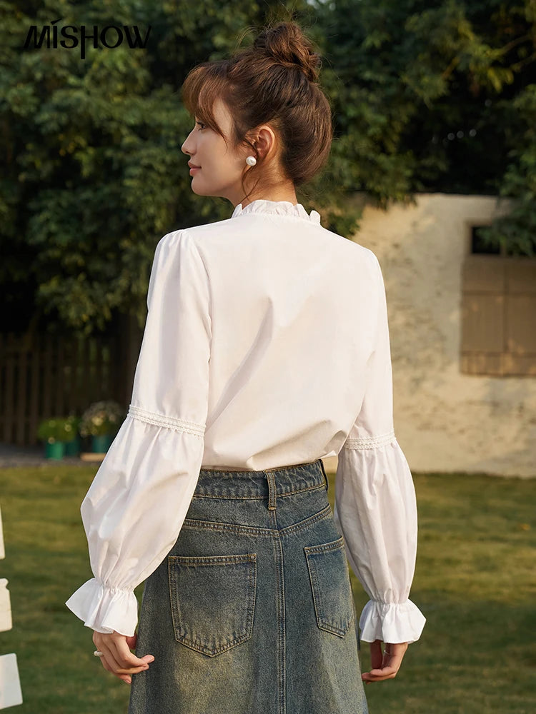 MISHOW French Organ Pleated V-neck Shirt 2025 Autumn Petal Patchwork Ruffle Sleeve Solid Pearl Single Breasted Tops MXD13X1354