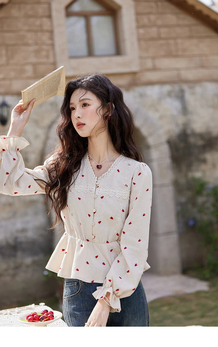 MISHOW Women's Love Embroidered V-neck Blouses 2025 Spring Linen Cotton Retro Slim Tops Sweet Waist Ruffle Blouse MXE13X1700