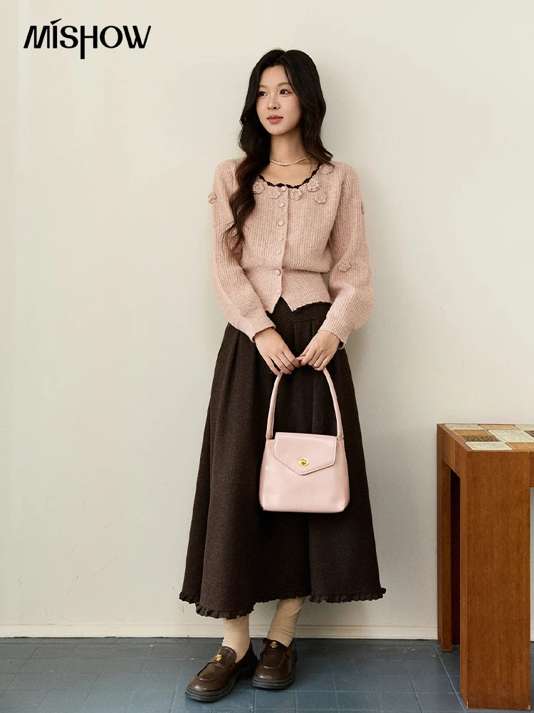 MISHOW Women's Pink Knitted Cardigan 2025 Autumn Winter Flower Decor Lace Trim Button Cardigan Slim Warm Pullover Top MXE94Z2862