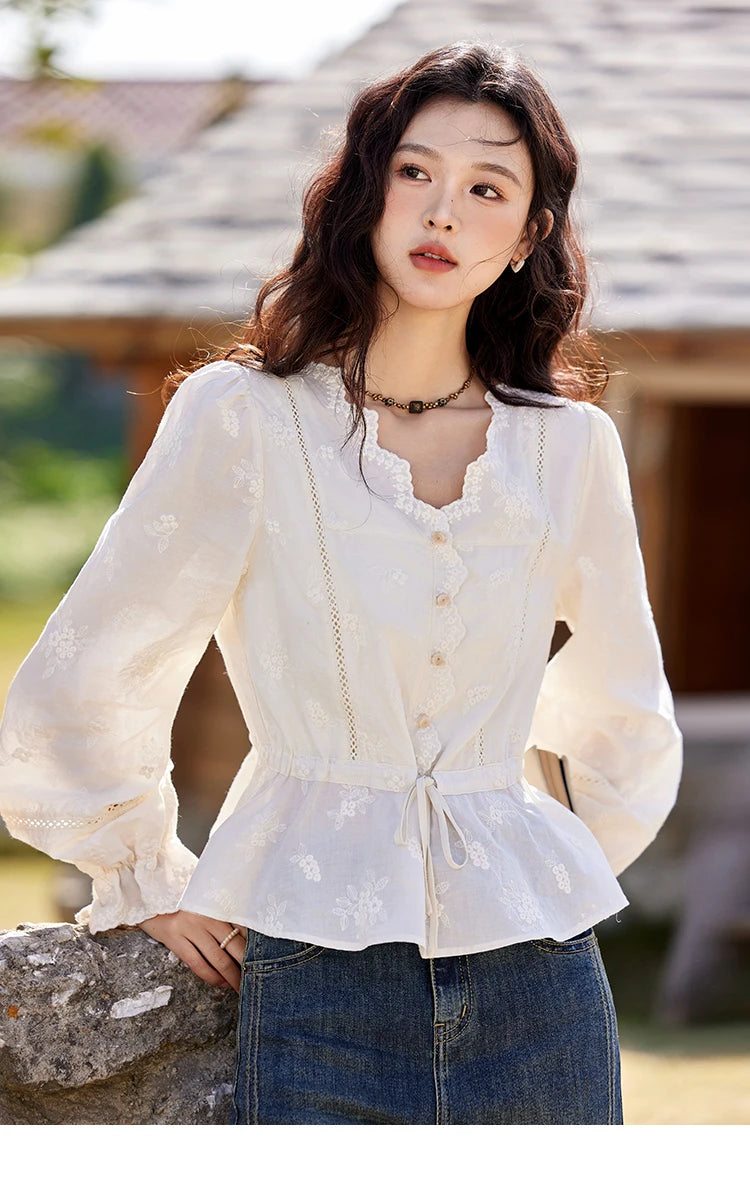MISHOW Embroidered Blouse Women 2025 Spring New French Elegant Apricot Lace Premium Drawstring Design V Neck Tops MXE11X1708
