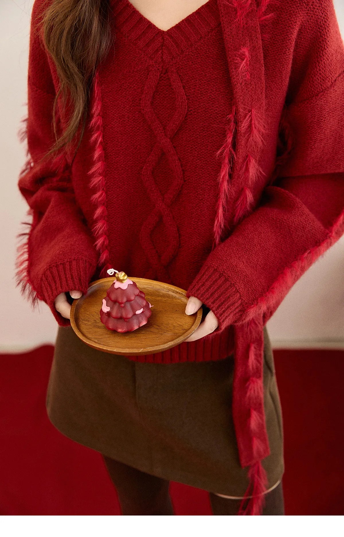 MISHOW Christmas Knitted Sweater Women 2025 Winter Burgundy V-neck Loose Tops Mink Fur Tassel with Scarf Tie Sweaters MXE93Z2809