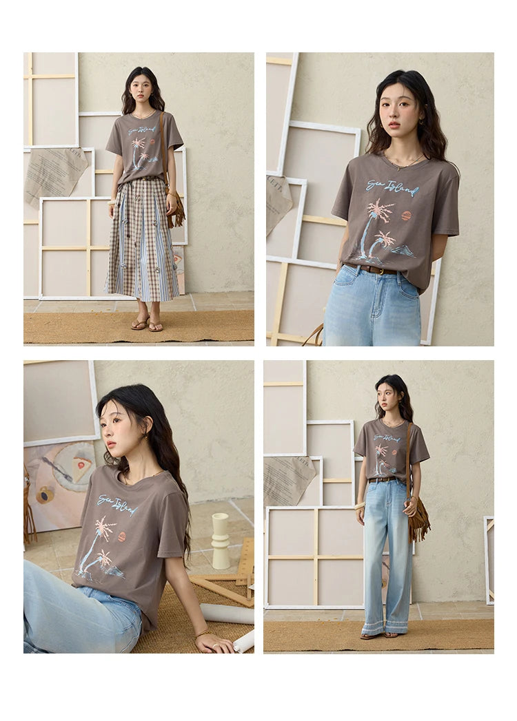 MISHOW Casual Print Shirts Women Summer New 2025 Short Sleeve Round Neck Loose Pure Cotton T-shirt Female Fashion MXE31T0533