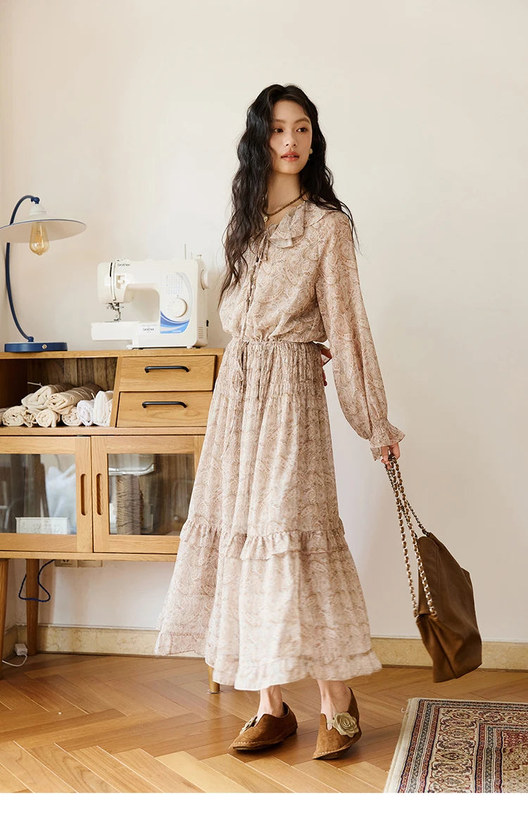 MISHOW Cashew Flower Dress for Woman 2025 Autumn Romantic Style Printed Dress Long Sleeve Ruffled Tie Waist Dress MXE46L2520