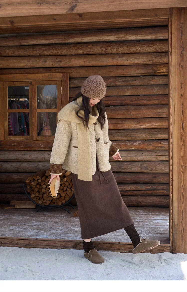 MISHOW Woman Plaid Patchwork Lamb Wool Coat 2025 Winter Round Neck Coat Commute Warm Loose Jacket （Without A Scarf）MXE90W0923