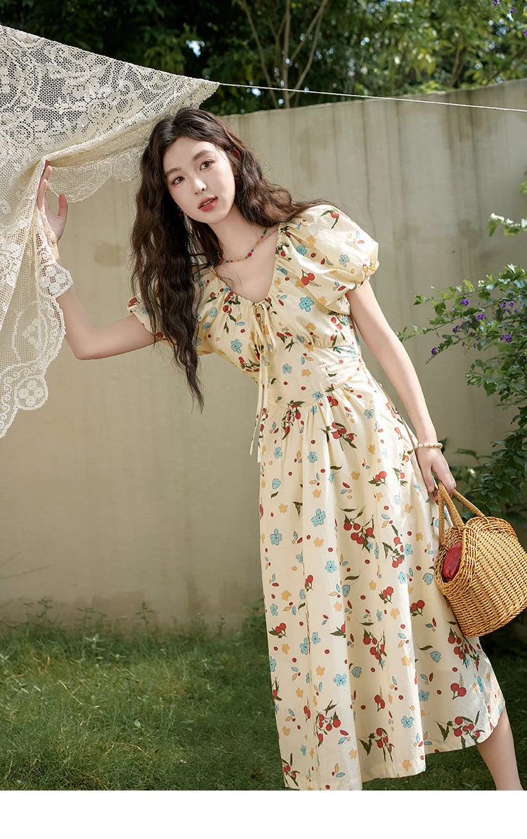 MISHOW French 100 Cotton Floral V-neck Dress Women 2025 Summer Bubble Sleeve Drawstring Lace-up Temperament Dresses MXD30L1868
