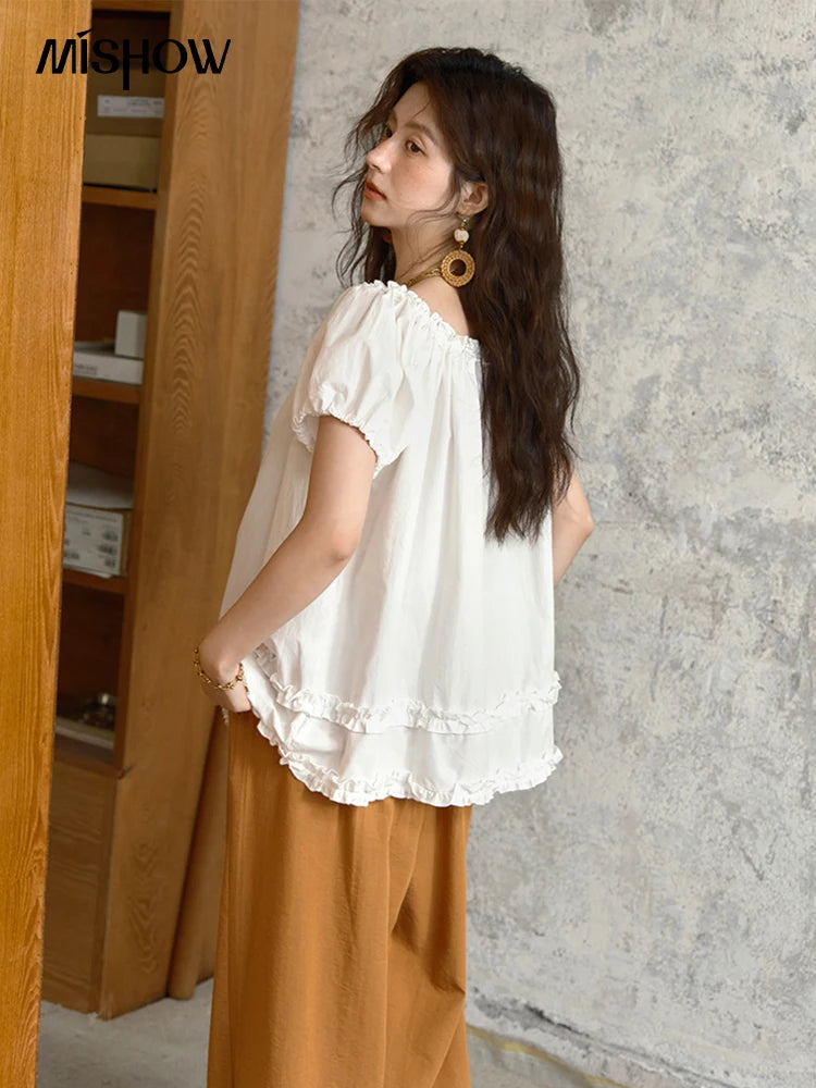 MISHOW Women's Fashion Puff Sleeve Blouse 2025 Summer Casual O-Neck Edible Tree Fungus Spliced Top Female Clothing MXE39X1929
