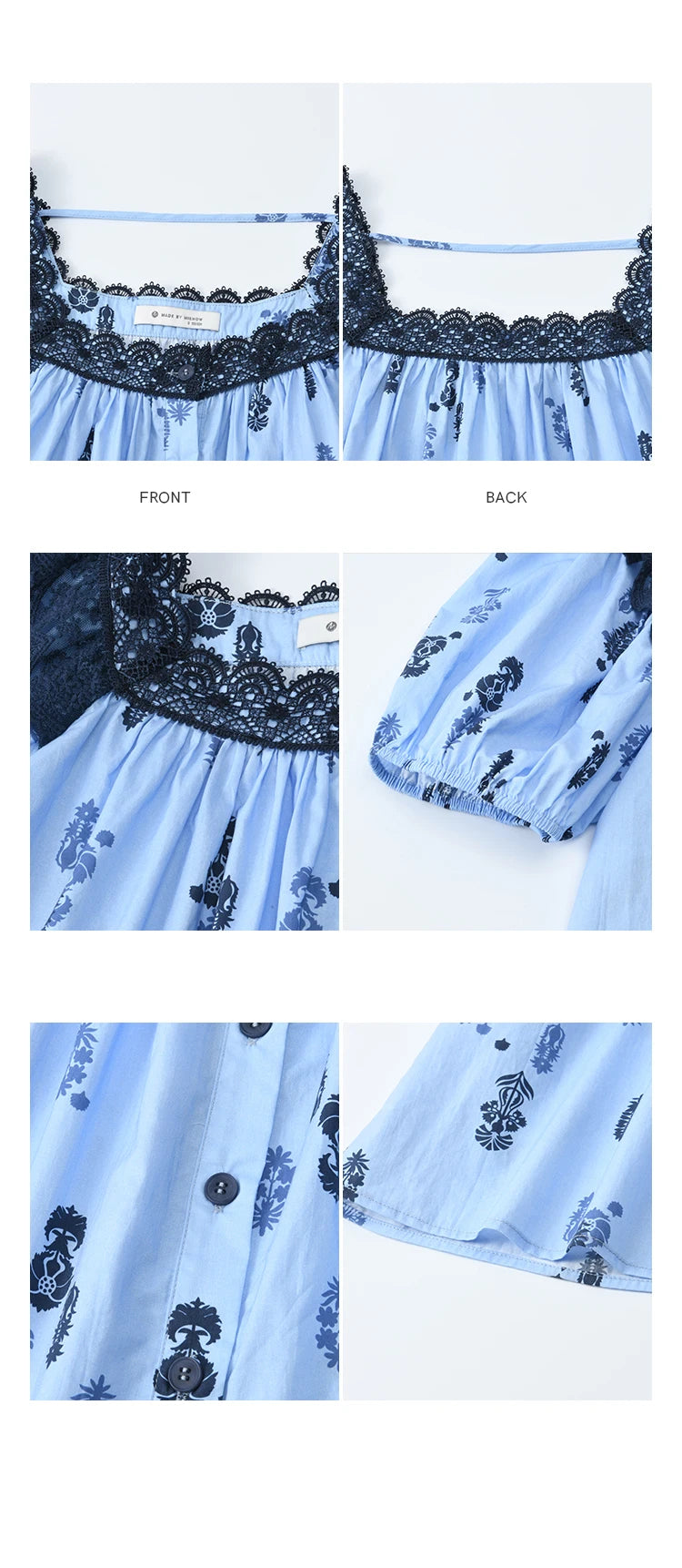 MISHOW Fashion Print Cotton Shirt for Women 2025 Summer New Puff Sleeve Lace Splicing Retro Blue Casual Button Top MXE35X1842