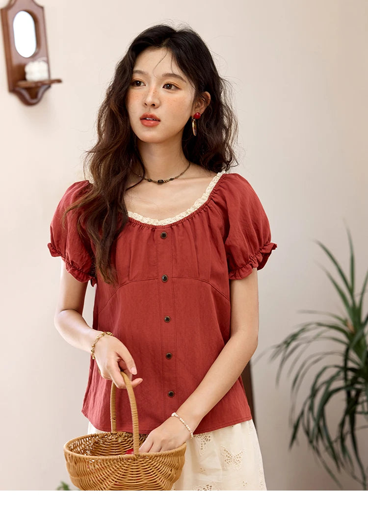 MISHOW French Summer Shirts for Women 2025 Short Puff Sleeve Lace Colla Slimming Blouses Female Sweet Fashion New MXE35X1827