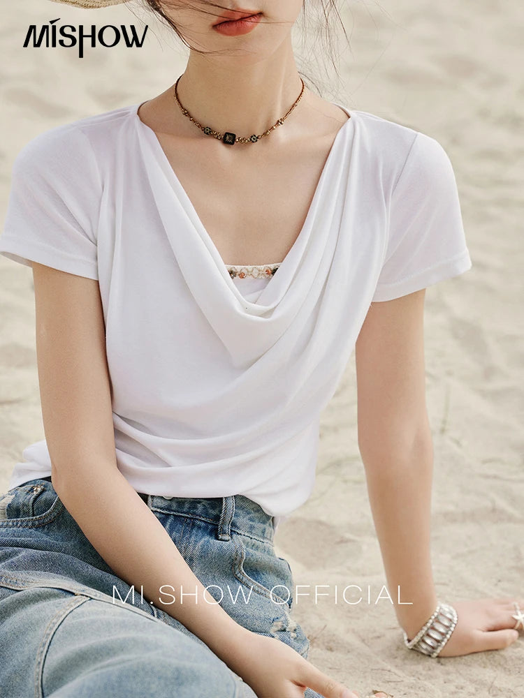 MISHOW Casual Summer Shirts Women 2025 Fashion Short Sleeve Swing Collar Solid T-shirt Female Slim Shell Ribbon Tops MXE33T0524