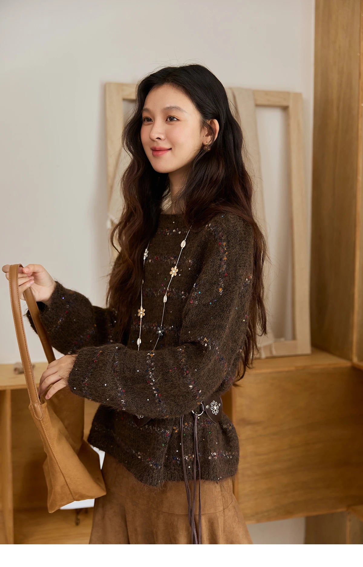 MISHOW Brown Chrysanthemum Yarn Sweaters Women Beltless 2025 Autumn Wool Blend Loose Round Neck Retro Knitted Tops MXE47Z2574