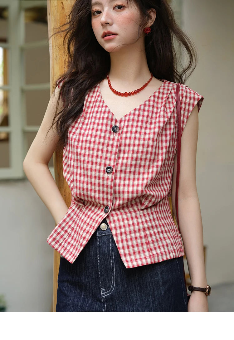 MISHOW Women's Fashion V-neck Shirt 2025 Summer New Plaid Ladies Red Button Shirt Casual Retro Top Female Clothing MXE37X1921