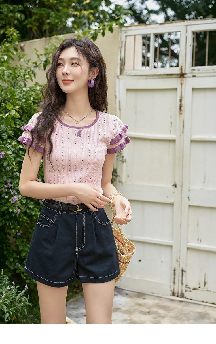 MISHOW 100 Cotton Pocket Embroidered Flower Denim Shorts for Women 2024 Summer Dark Blue Loose Casual Wide Leg Pants MXD26K0707