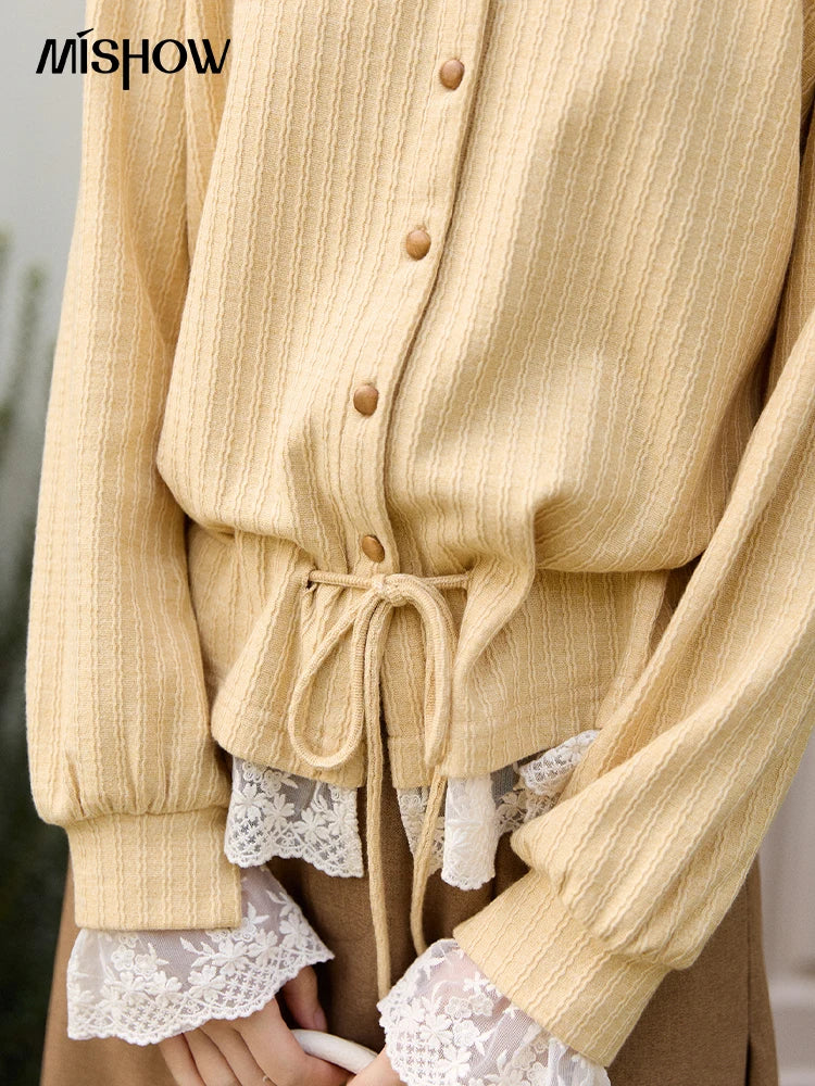 MISHOW Women's Yellow Ribbed Cardigan Spring Lace Trim Drawstring Waist Thin Knitted Sweater Long Sleeve Casual Top MXF11Z2919