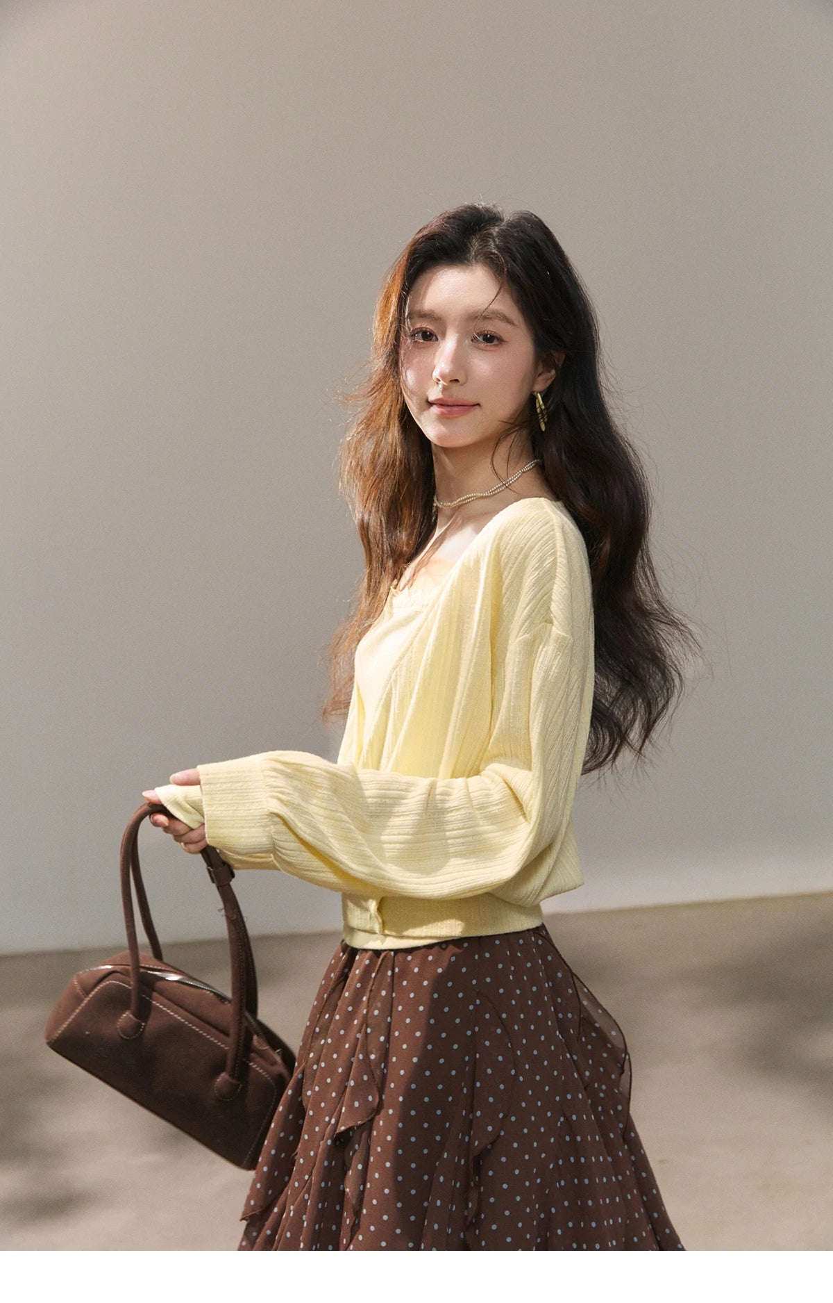 MISHOW Women's Lemon Yellow Two-Piece Set Spring Knitted Lantern Sleeve Pullover Tops Strap Lace Edge Camisole Set MXF13T1513