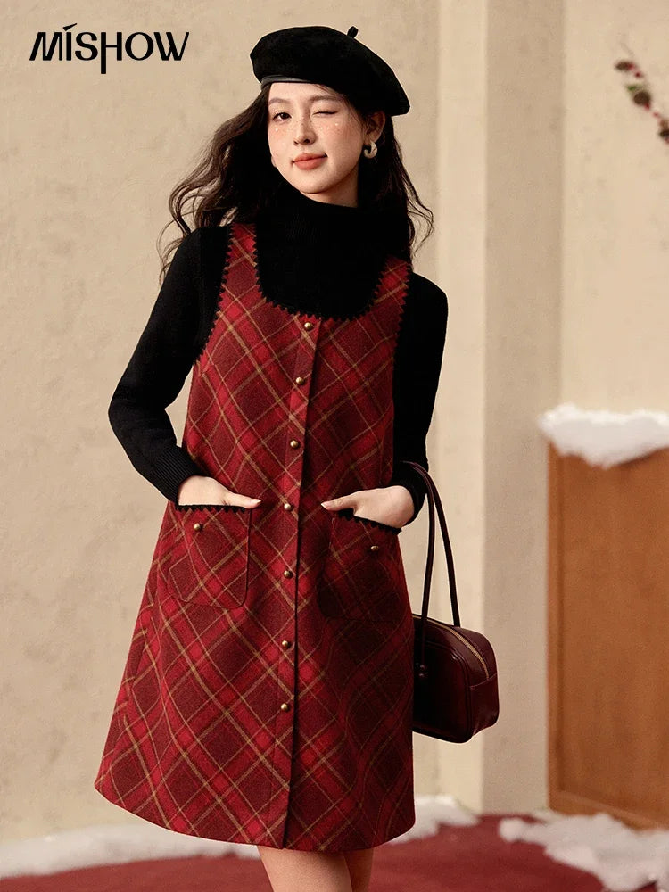 MISHOW Plaid Dress for Women Winter 2024 Contrasting Color Square Neck Plaid Dresses Woolen Sleeveless Vest Dress MXD58L2078