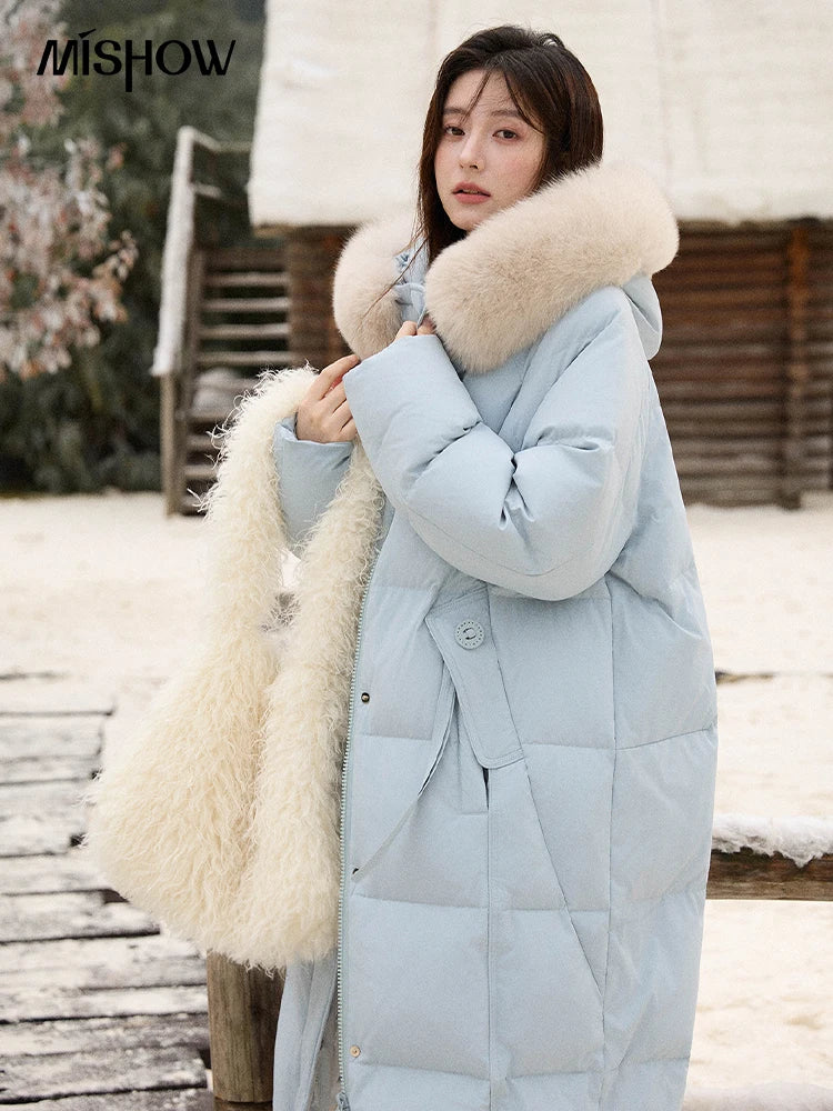 MISHOW Women's Winter Coat with Hood 2025 Fashion Solid Commute Long Down Jacket Windproof Warm Down Coat Luxury MXE51Y0079