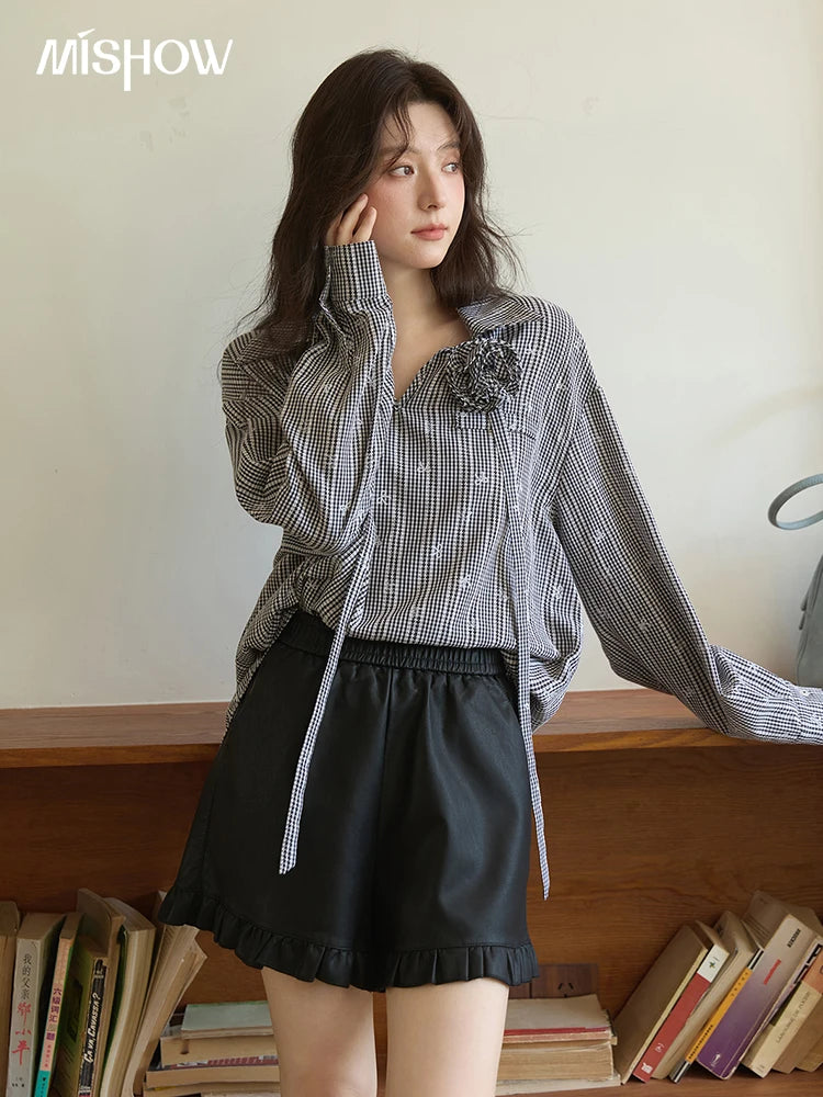 Mishow PU Leather High Waist Ruffle Hem Shorts MXE42K1068