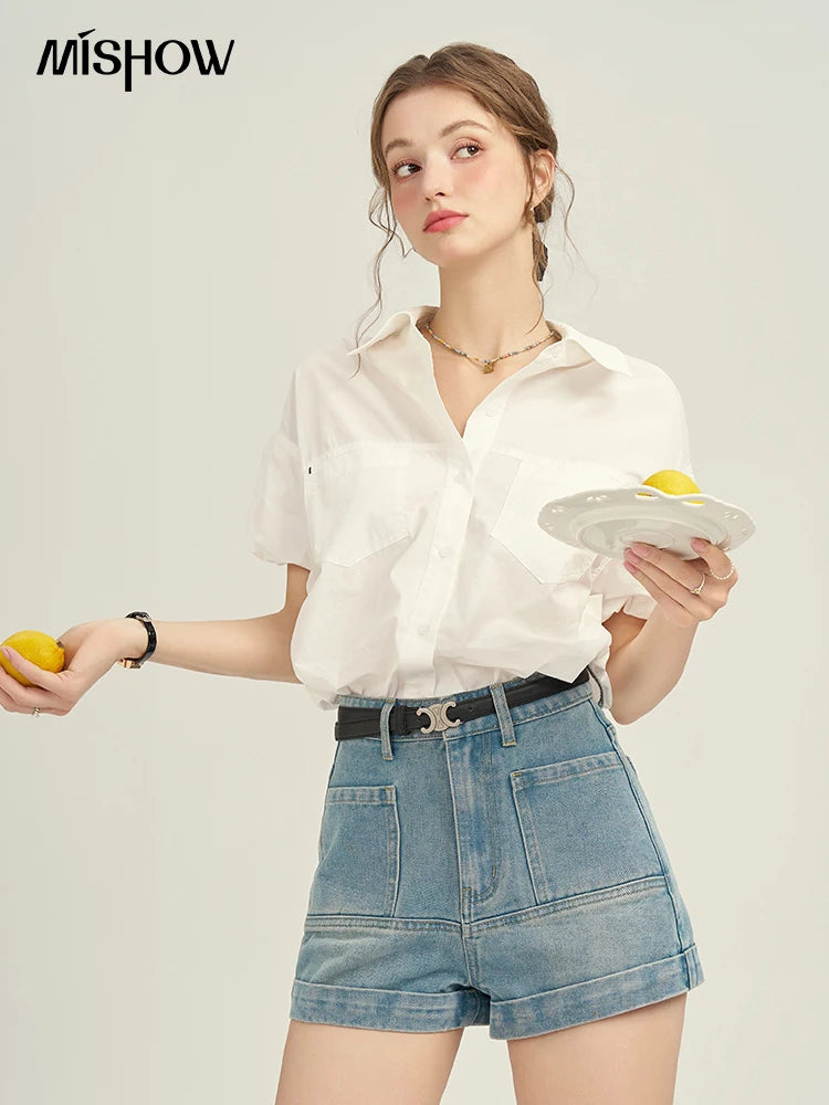 MISHOW Women's Denim Blue Shorts 2025 Summer Korean High Waist Pockets Shorts Female Straight Slim Casual Short Pants MPD26K0618