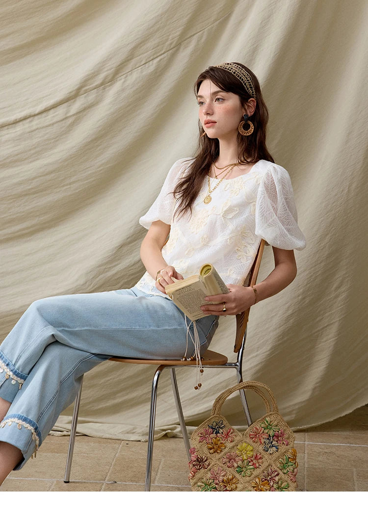 MISHOW French Summer Blouses Women New 2025 Short Puff Sleeve Round Neck Jacquard Flower Slim Shirts Woman Versatile MXE32X1772